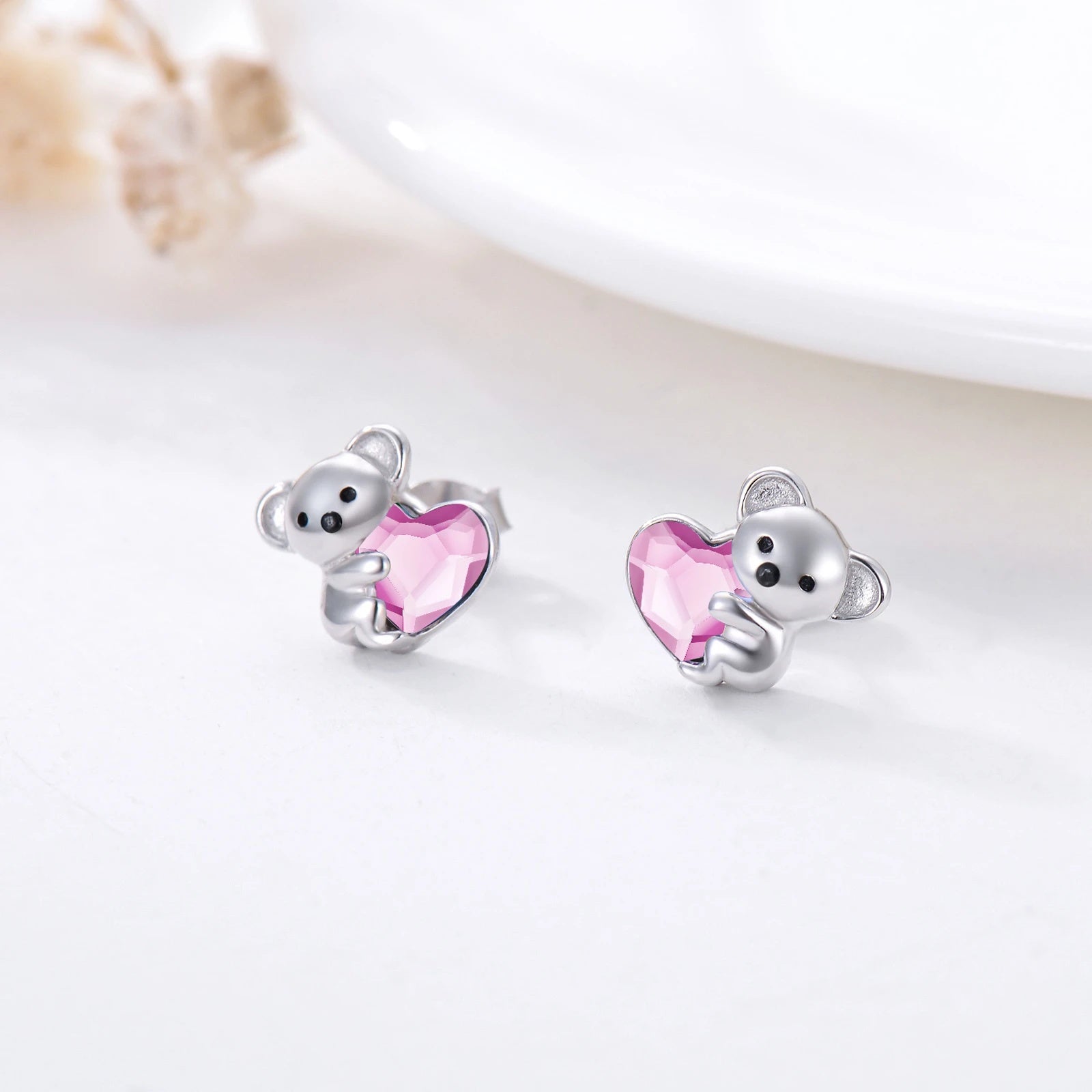 925 Sterling Silver Koala Bear  Heart Crystal Earrings - Dainty Moon