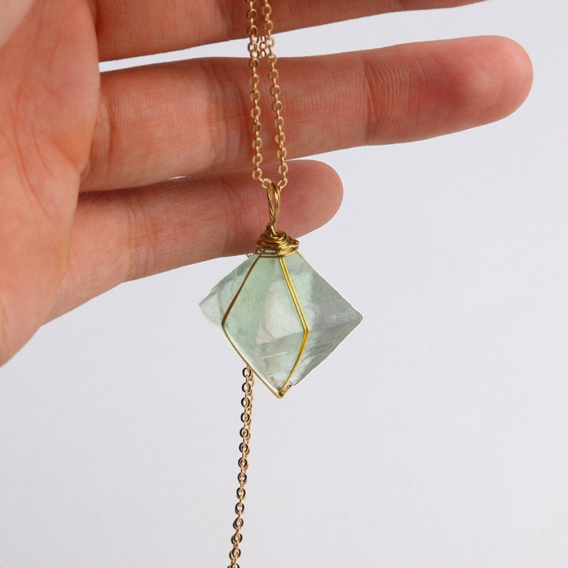  Green Fluorite Octahedron Stone Necklace