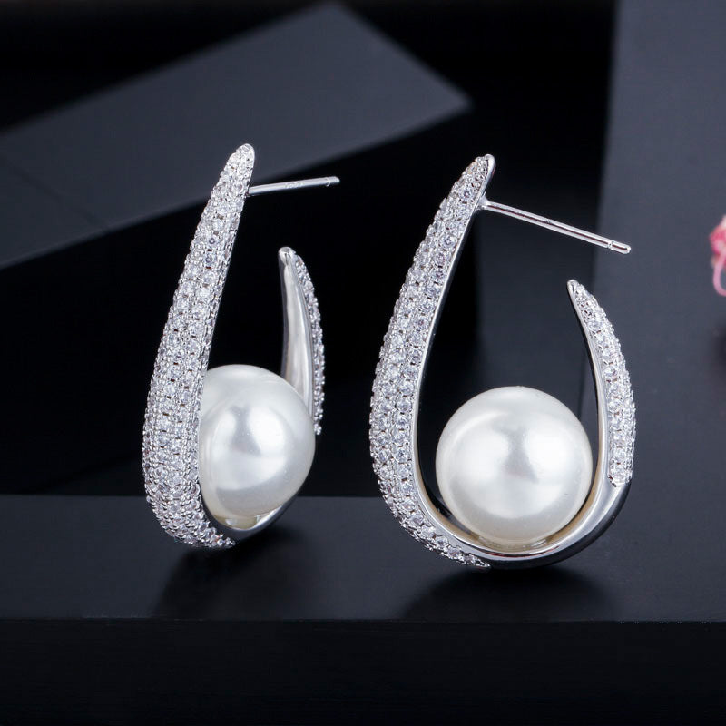 Opulent Grace Real Gold & Pearl Zircon Earrings - Dainty Moon