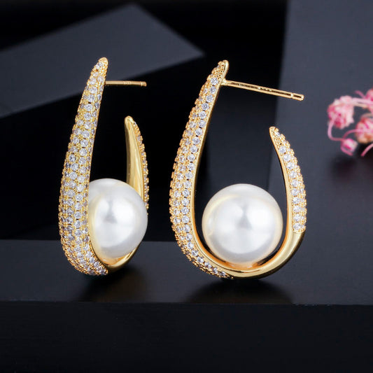 Opulent Grace Real Gold & Pearl Zircon Earrings - Dainty Moon