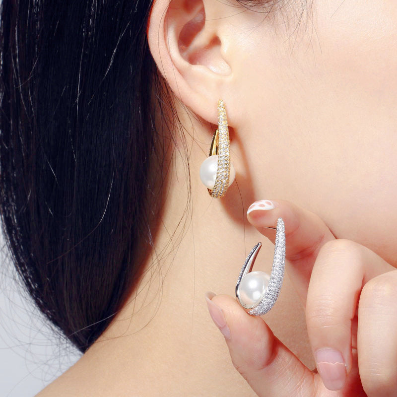 Opulent Grace Real Gold & Pearl Zircon Earrings - Dainty Moon