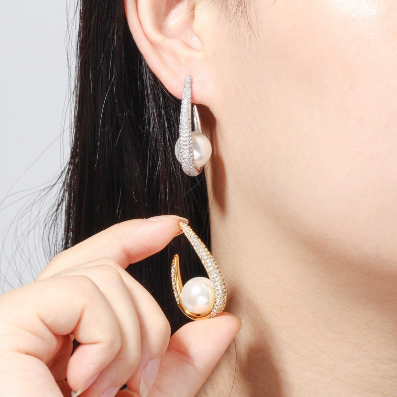 Opulent Grace Real Gold & Pearl Zircon Earrings - Dainty Moon