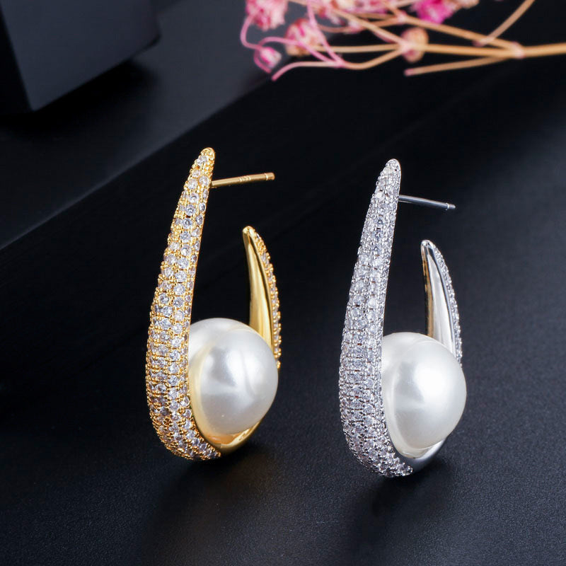 Opulent Grace Real Gold & Pearl Zircon Earrings - Dainty Moon