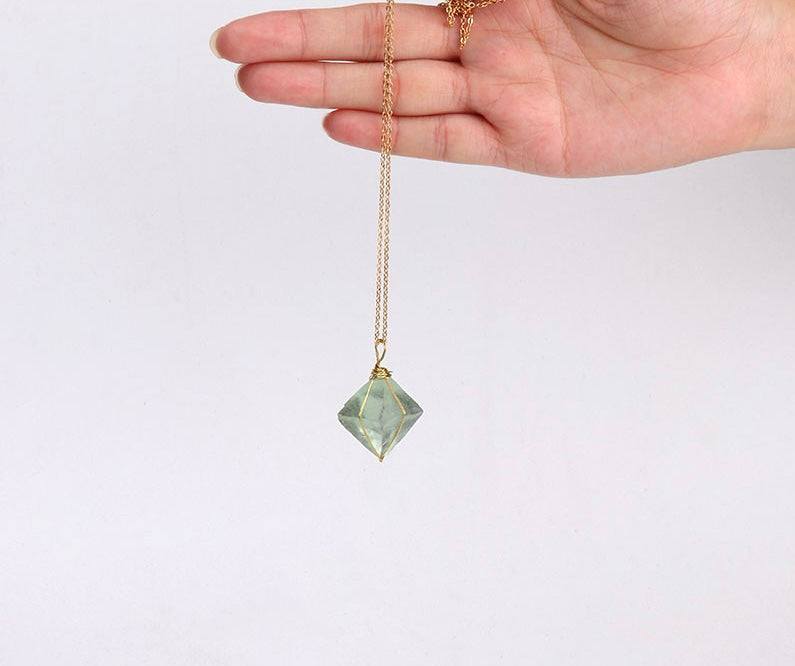  Green Fluorite Octahedron Stone Necklace