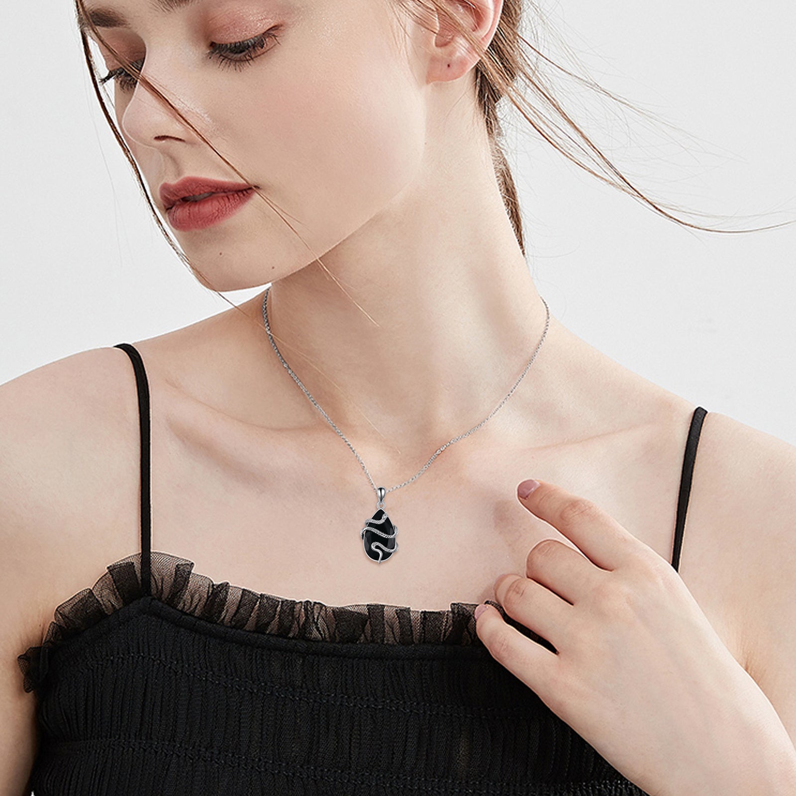 Serpent’s Embrace Black Obsidian & Tourmaline Crystal Stone S925 Necklace - Dainty Moon