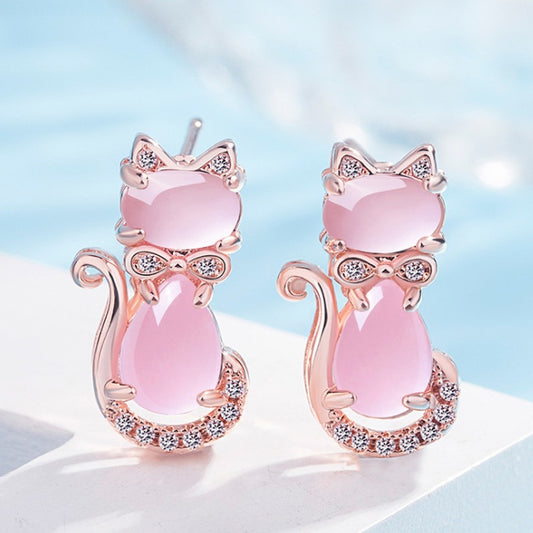 Jubilee Pink Crystal Rose Gold Cat Earrings - Dainty Moon