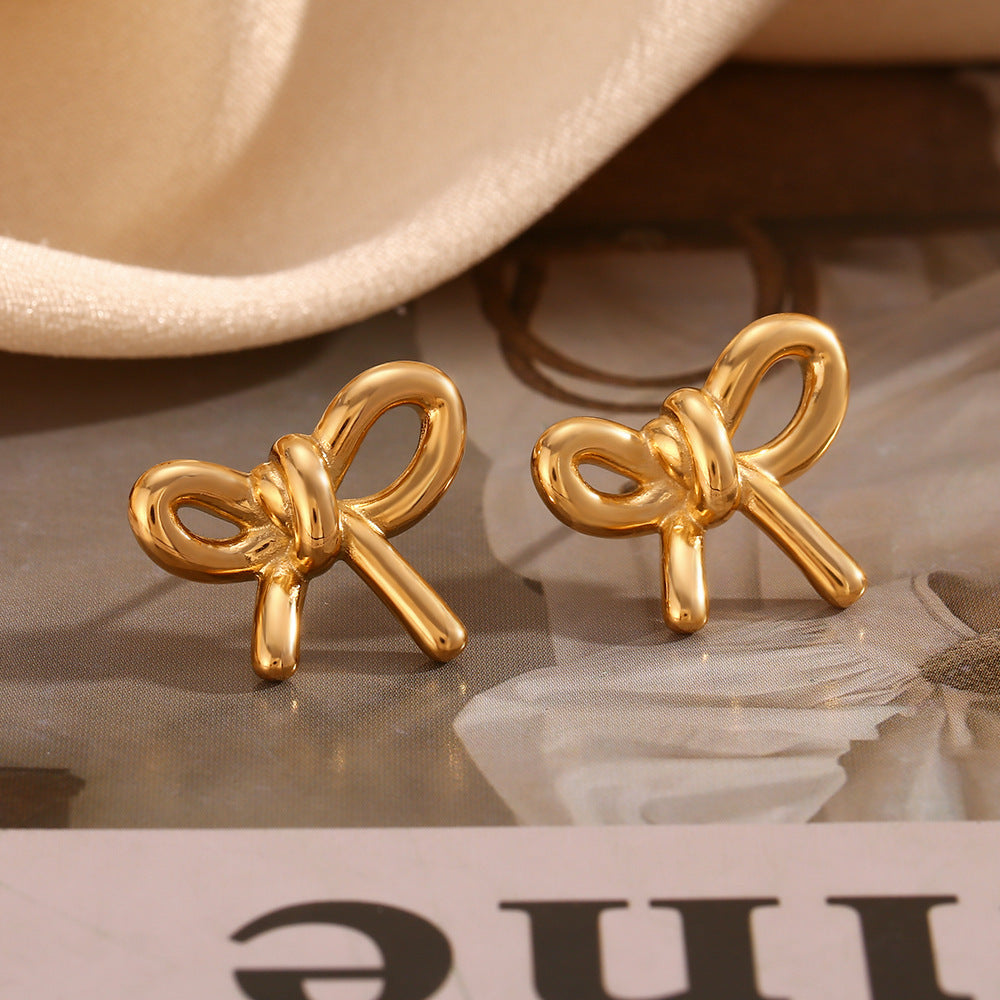 Stainless Steel 18K Gold Plating Cast Glossy Bow Stud Earrings - Dainty Moon