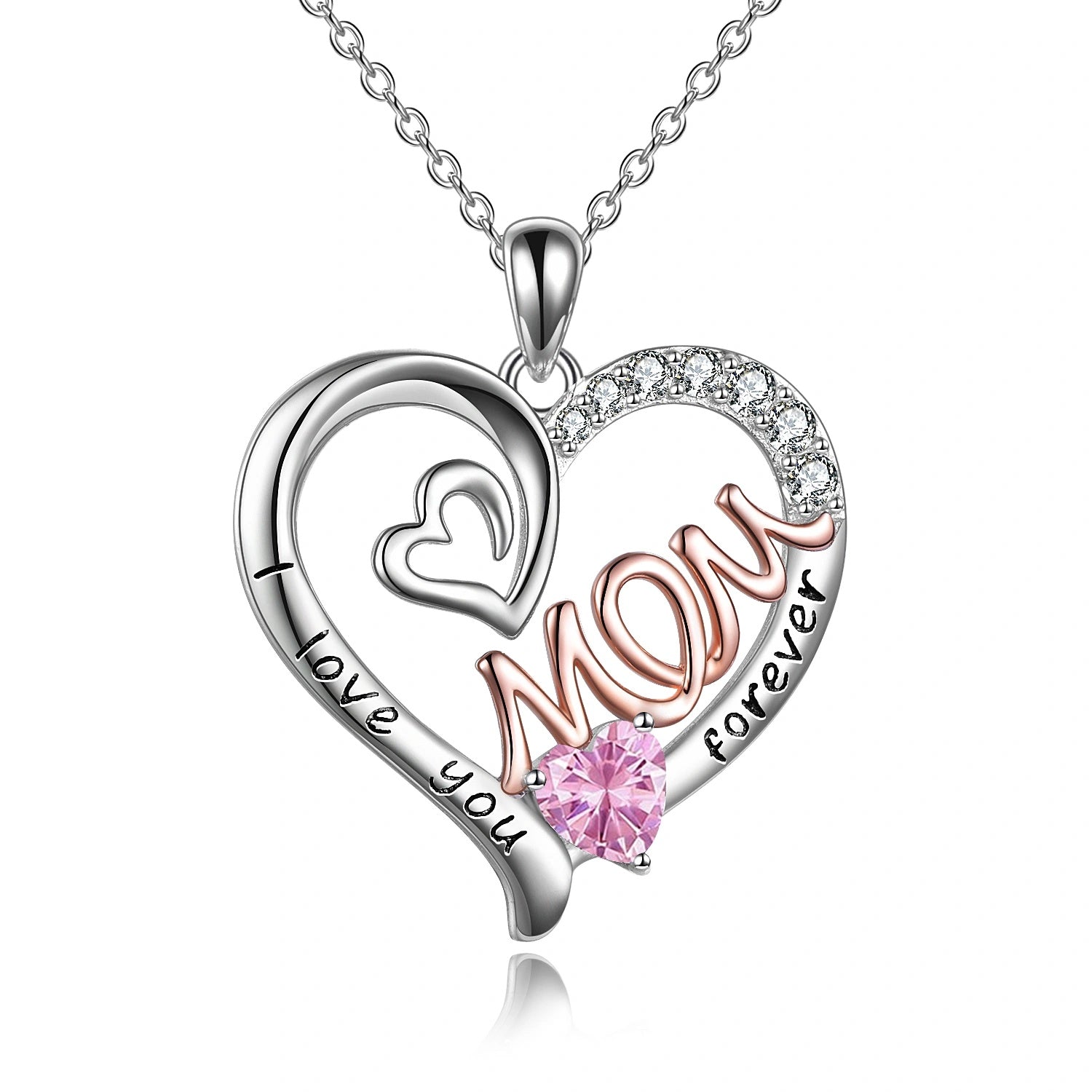 S925 Sterling Silver Heart CZ Pink Stone Love Mum Necklace - Dainty Moon