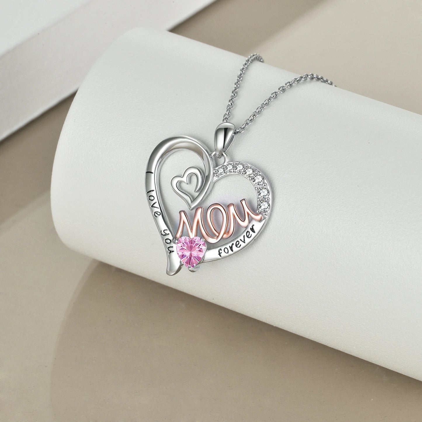 S925 Sterling Silver Heart CZ Pink Stone Love Mum Necklace - Dainty Moon