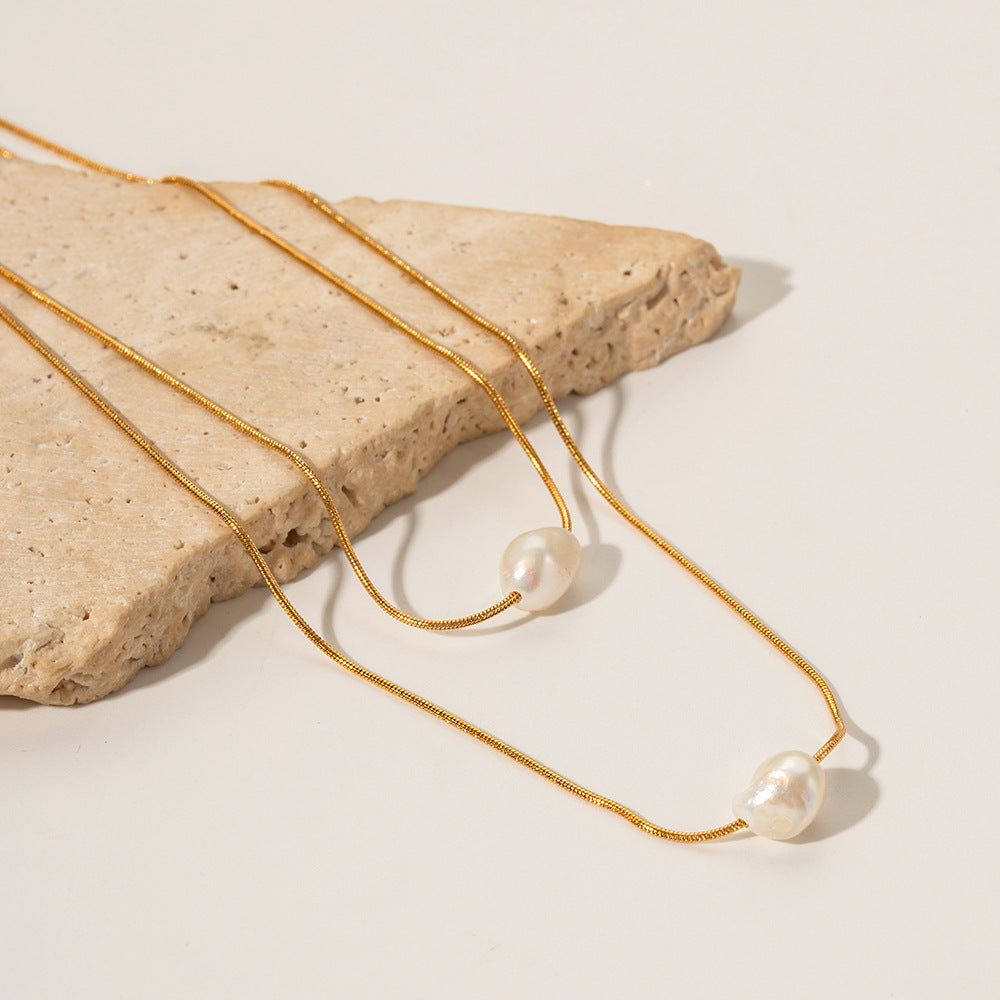 Inlaid Freshwater Pearl Double Layer Necklace - Dainty Moon