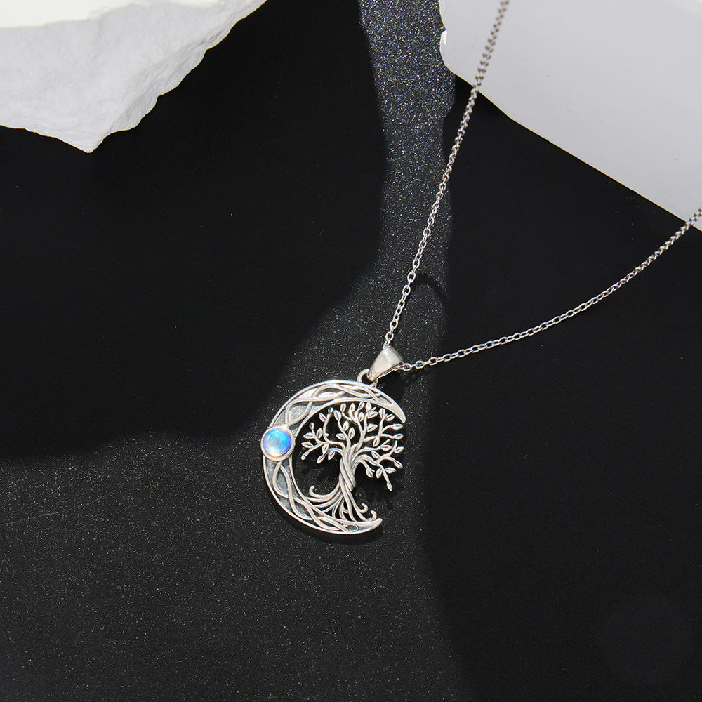 S925 Sterling Silver Celtic Knot Moonstone Tree of Life Necklace - Dainty Moon