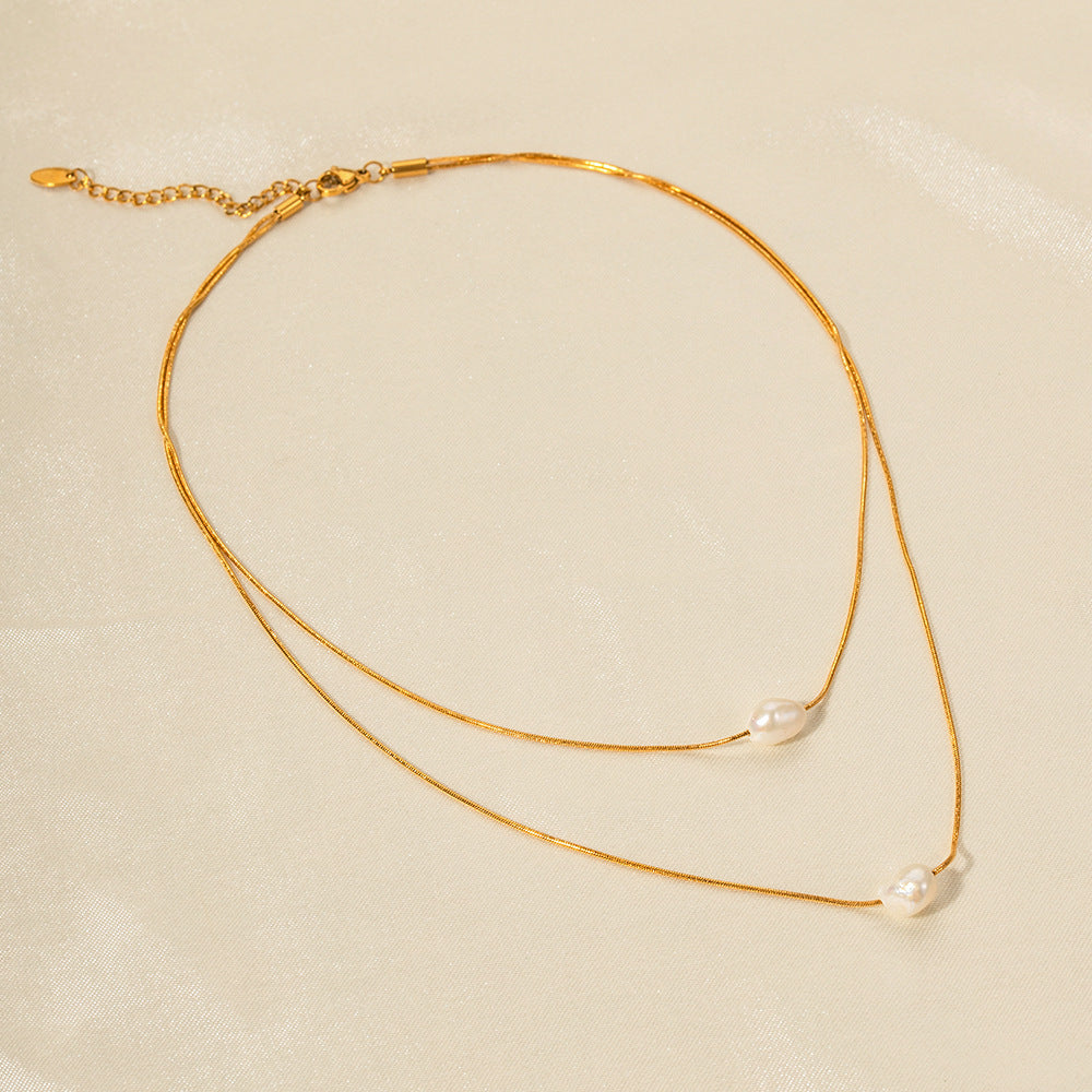 Inlaid Freshwater Pearl Double Layer Necklace - Dainty Moon