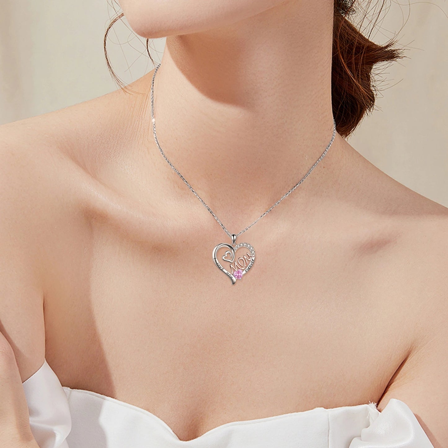 S925 Sterling Silver Heart CZ Pink Stone Love Mum Necklace - Dainty Moon