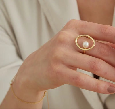 Timeless Loop Pearl Circle Ring - Dainty Moon