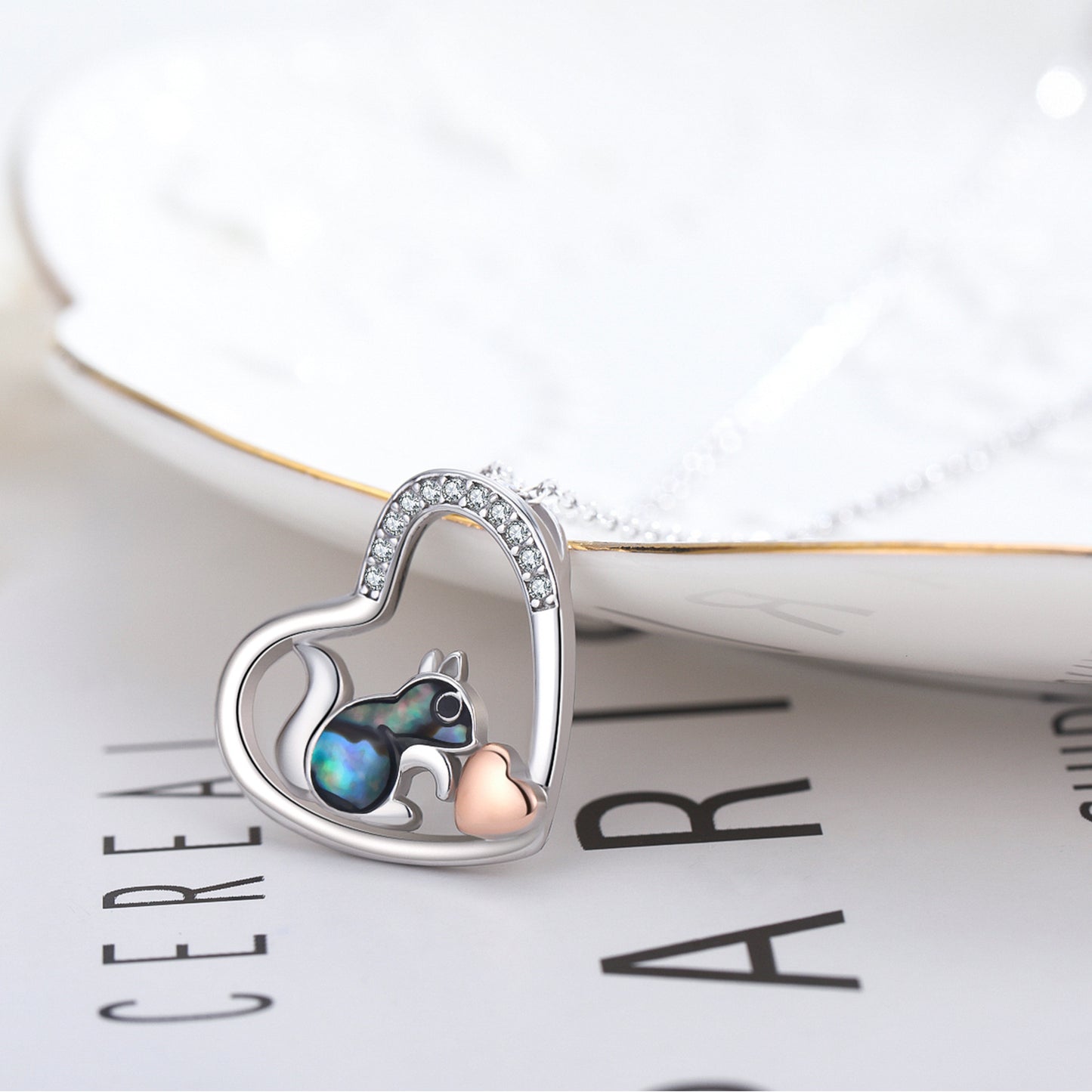 925 Sterling Silver Squirrel Abalone Shell Cubic Zirconia Cute Animal Heart Pendant Necklace - Dainty Moon