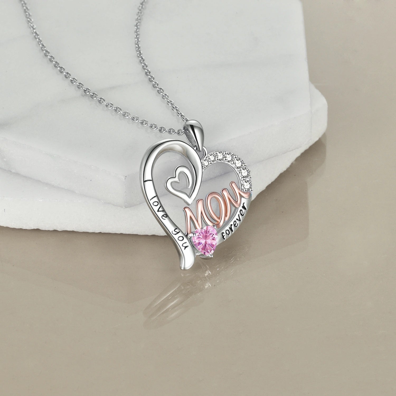 S925 Sterling Silver Heart CZ Pink Stone Love Mum Necklace - Dainty Moon