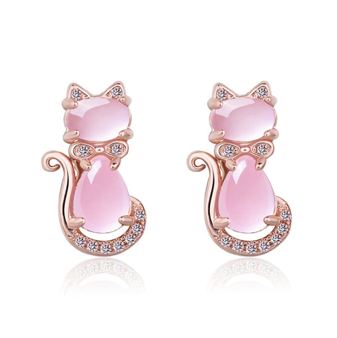 Jubilee Pink Crystal Rose Gold Cat Earrings - Dainty Moon