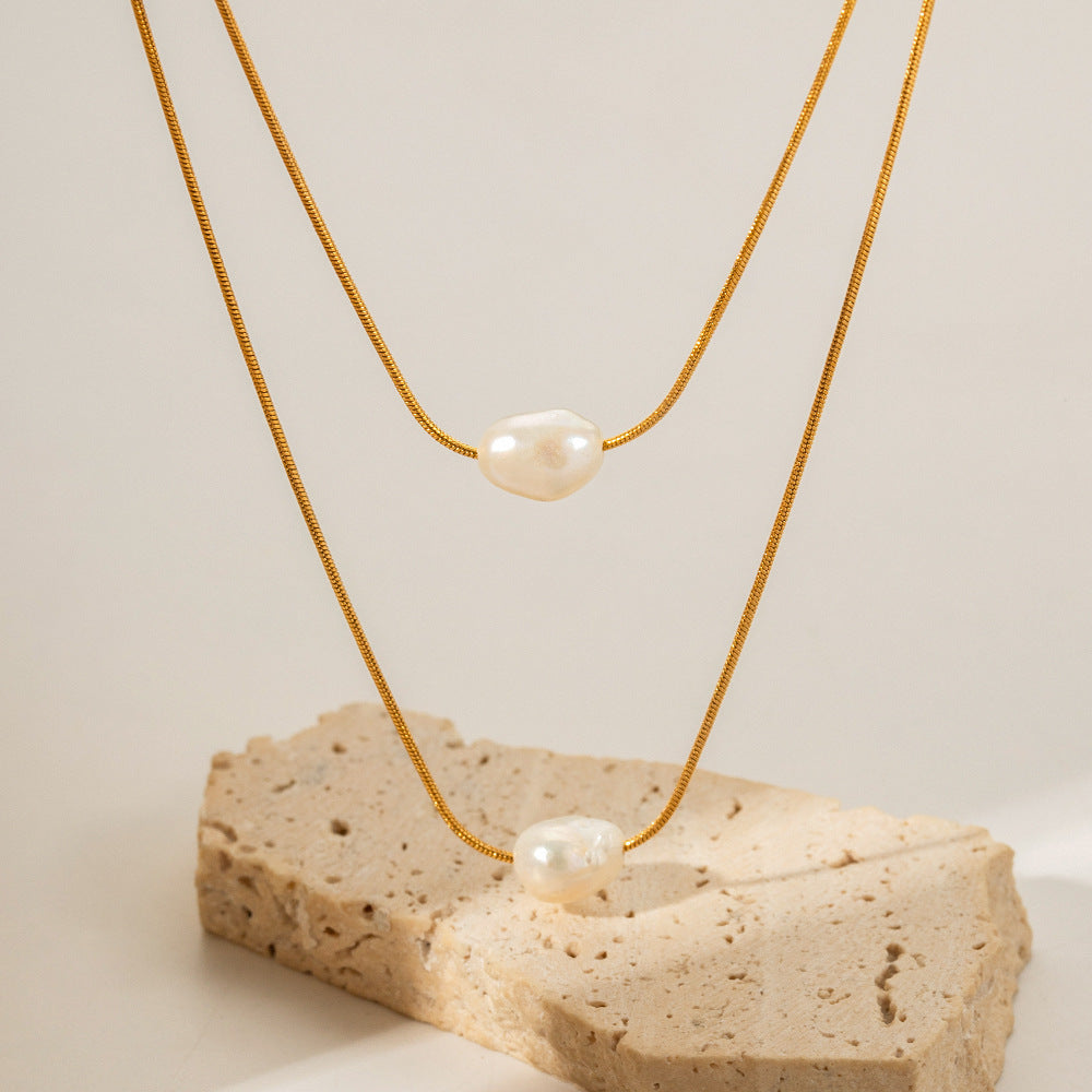 Inlaid Freshwater Pearl Double Layer Necklace - Dainty Moon