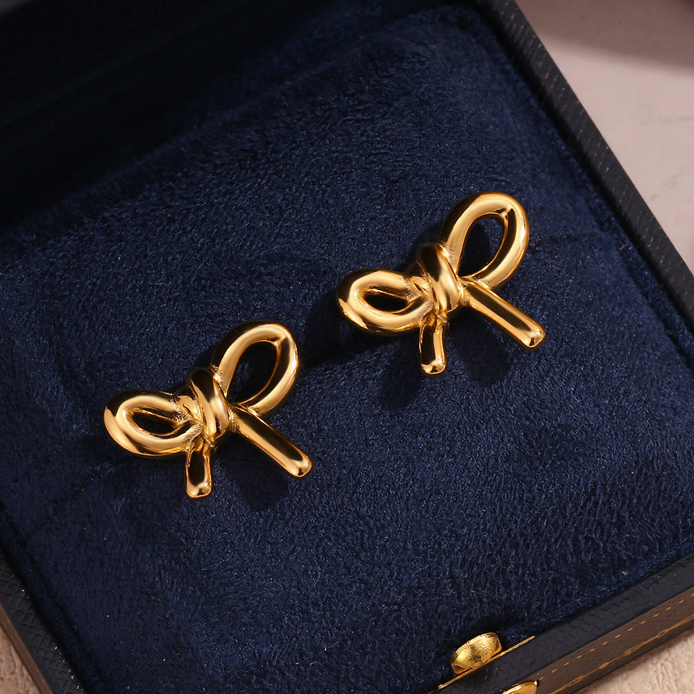 Stainless Steel 18K Gold Plating Cast Glossy Bow Stud Earrings - Dainty Moon