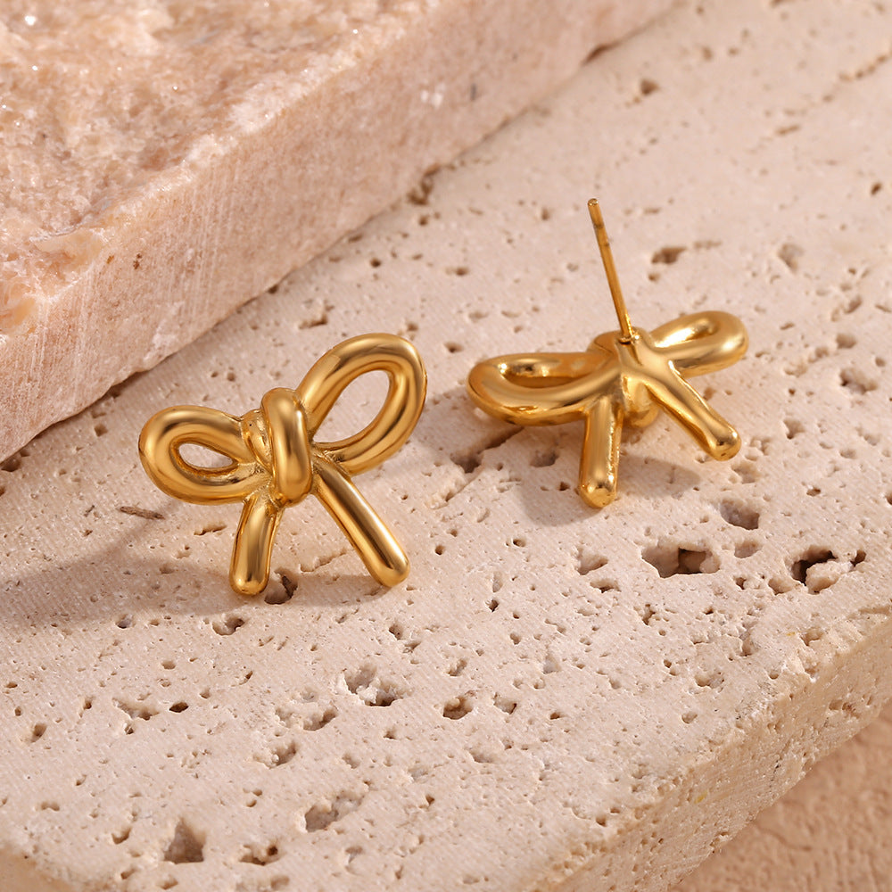 Stainless Steel 18K Gold Plating Cast Glossy Bow Stud Earrings - Dainty Moon