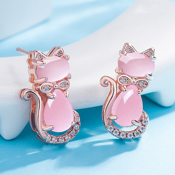 Jubilee Pink Crystal Rose Gold Cat Earrings - Dainty Moon