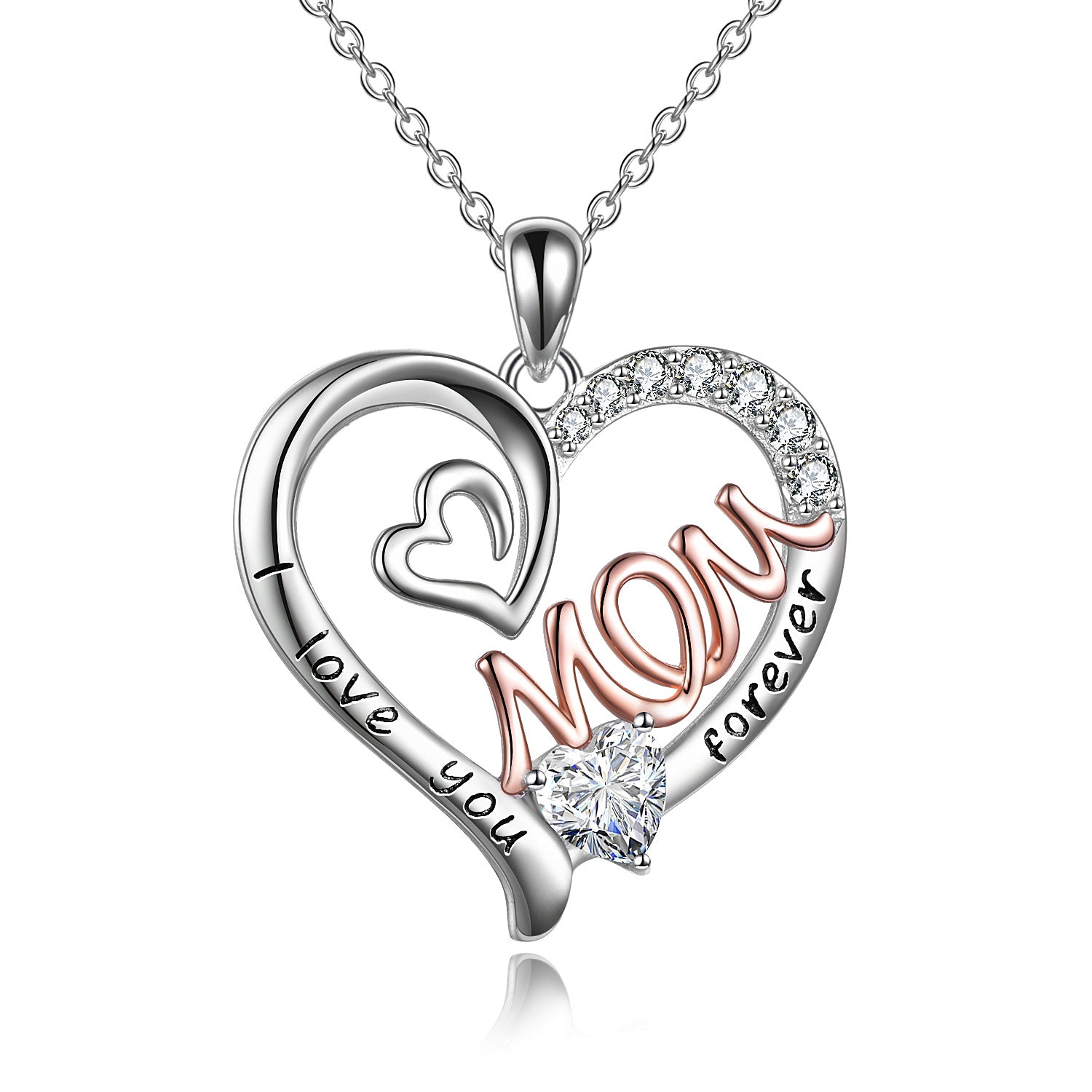 S925 Sterling Silver Heart CZ Pink Stone Love Mum Necklace - Dainty Moon