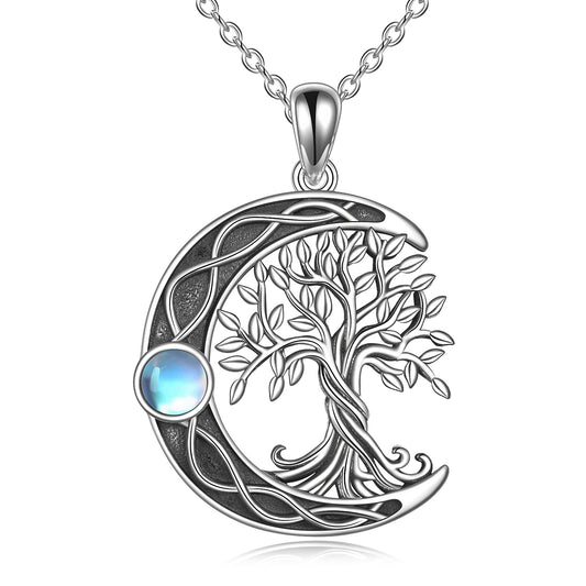 S925 Sterling Silver Celtic Knot Moonstone Tree of Life Necklace - Dainty Moon