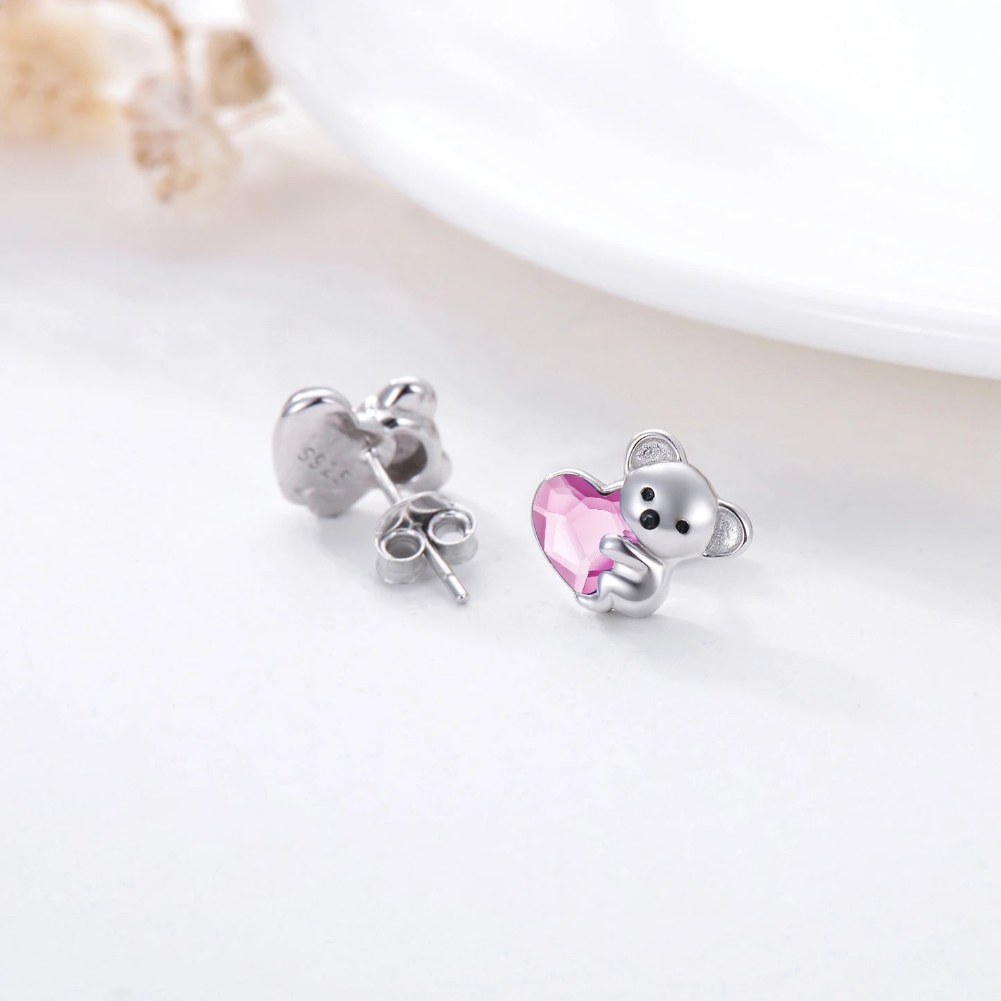 925 Sterling Silver Koala Bear  Heart Crystal Earrings - Dainty Moon