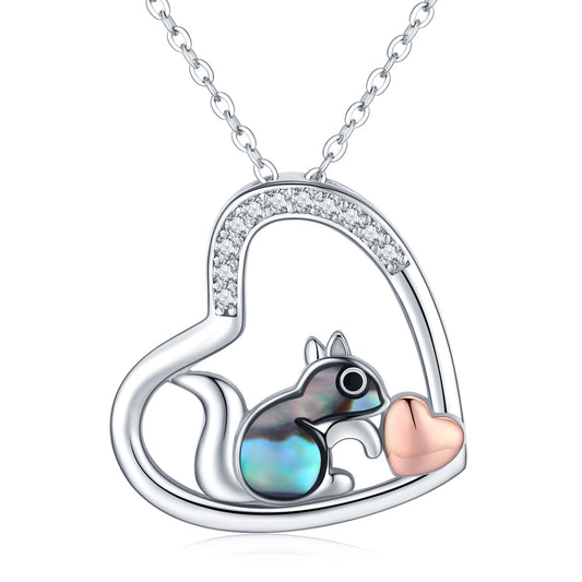 925 Sterling Silver Squirrel Abalone Shell Cubic Zirconia Cute Animal Heart Pendant Necklace - Dainty Moon