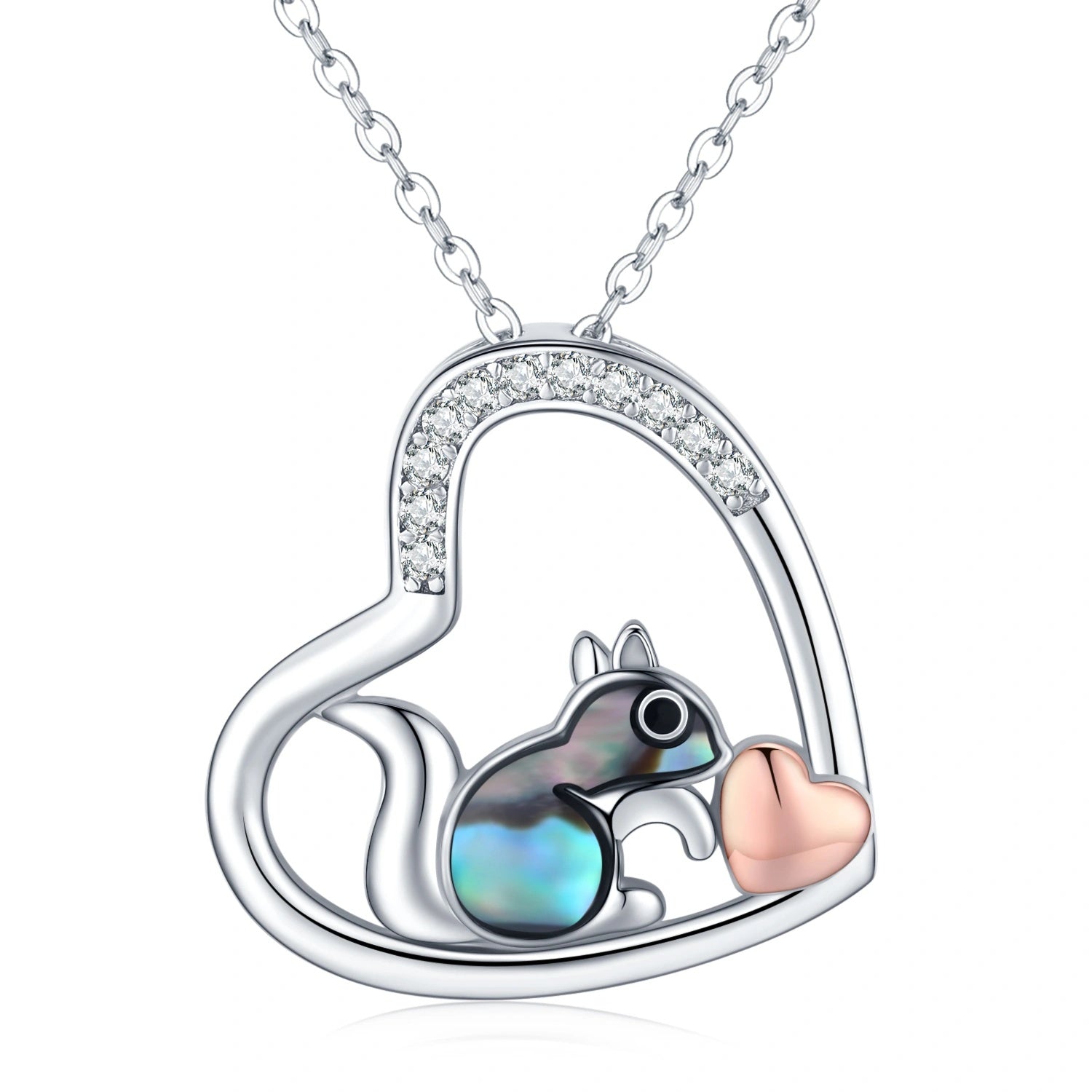 925 Sterling Silver Squirrel Abalone Shell Cubic Zirconia Cute Animal Heart Pendant Necklace - Dainty Moon