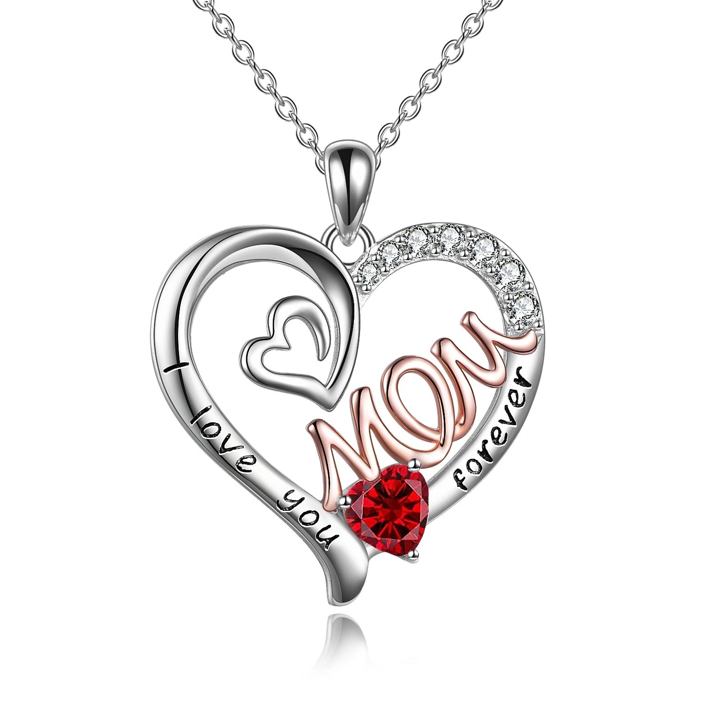 S925 Sterling Silver Heart CZ Pink Stone Love Mum Necklace - Dainty Moon