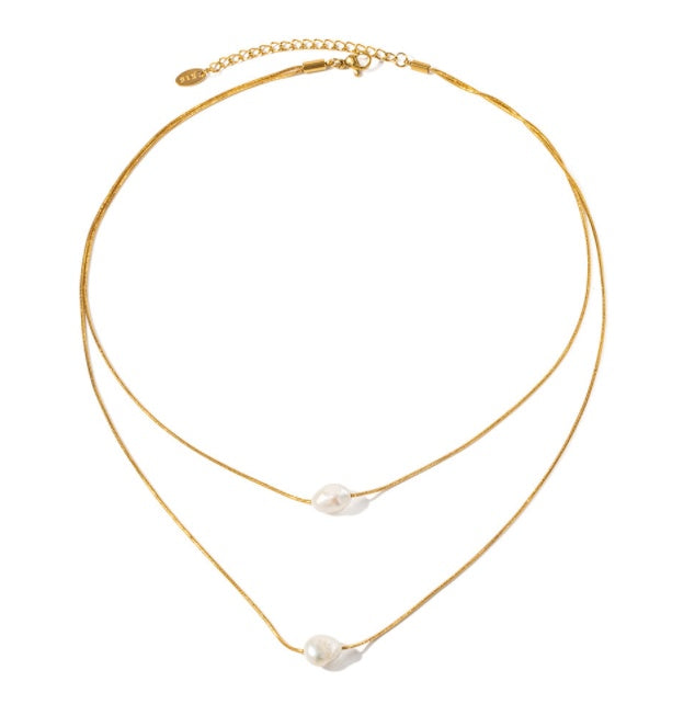 Inlaid Freshwater Pearl Double Layer Necklace - Dainty Moon