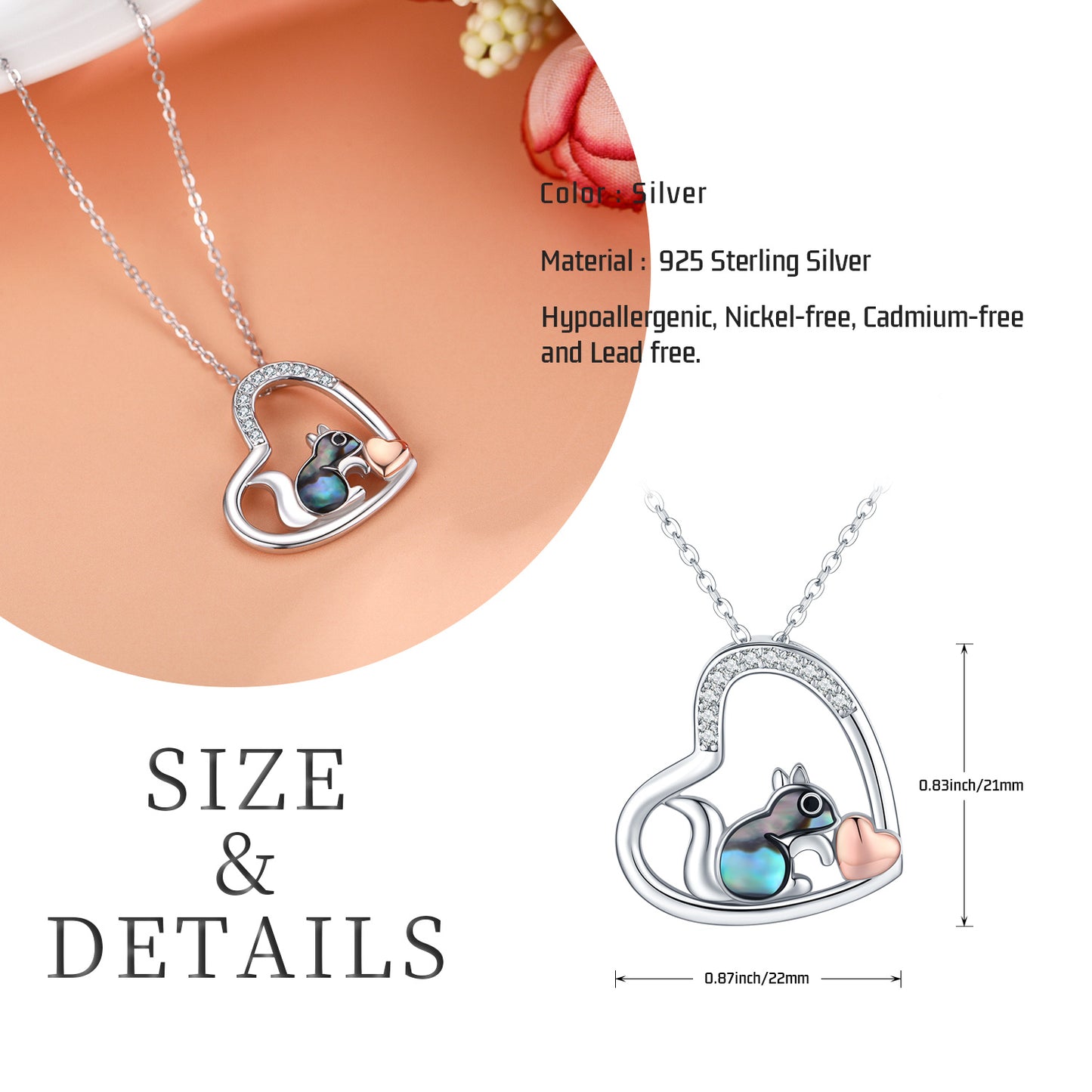 925 Sterling Silver Squirrel Abalone Shell Cubic Zirconia Cute Animal Heart Pendant Necklace - Dainty Moon