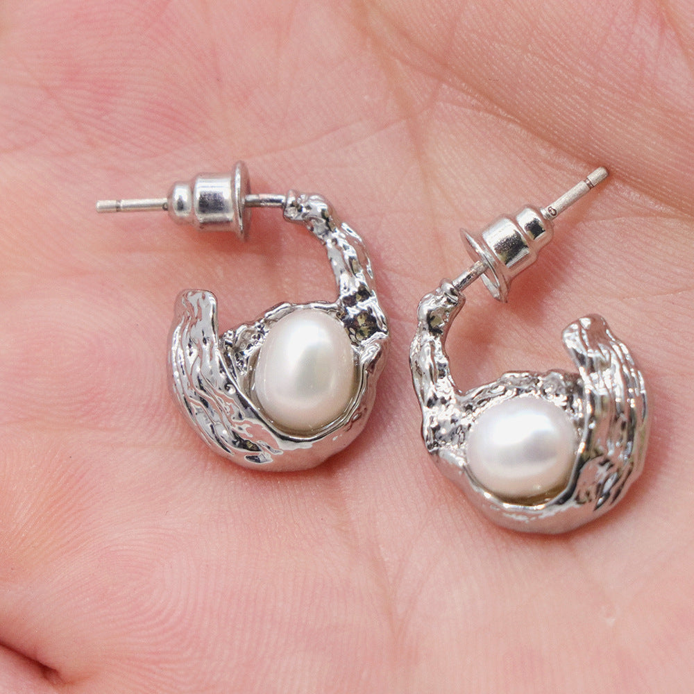 French Freshwater Pearl  Earrings - Dainty Moon