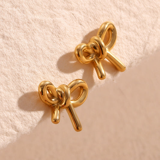 Stainless Steel 18K Gold Plating Cast Glossy Bow Stud Earrings - Dainty Moon