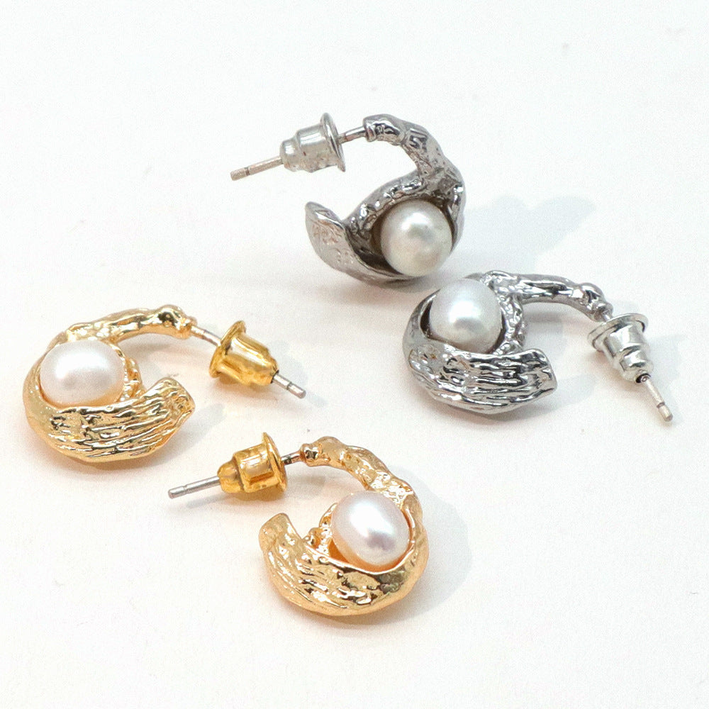 French Freshwater Pearl  Earrings - Dainty Moon