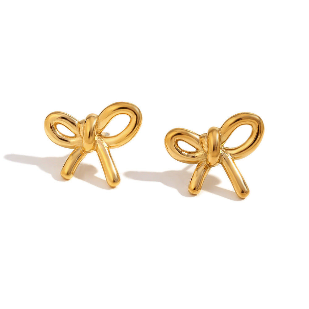 Stainless Steel 18K Gold Plating Cast Glossy Bow Stud Earrings - Dainty Moon